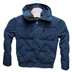 Cole Haan Down Bomber Jacket Men's Size Small Navy Blue Hood Zip Snap Coat